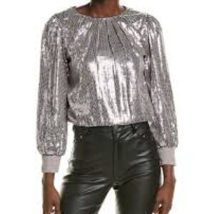 NWT Alice +‎ Olivia Silver Sequin Blouse XS